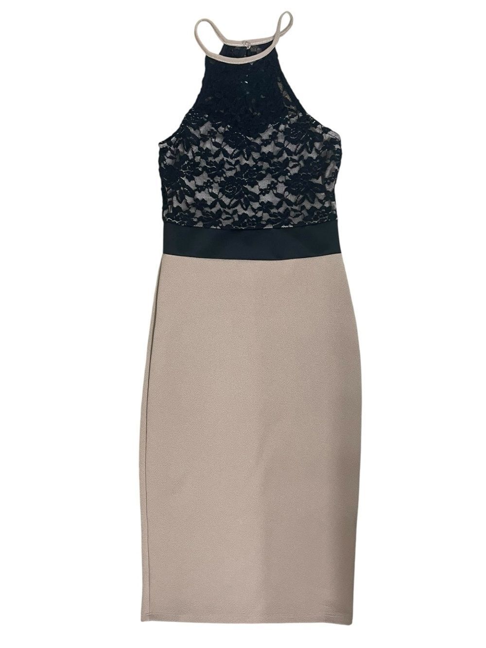 Manito Lace Halter Bodycon Midi Dress Beige Black Women’s Cocktail Party Dress
